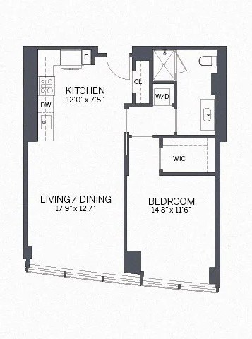 Floor plan for 1 bed, 1 bath, 838 sqft
